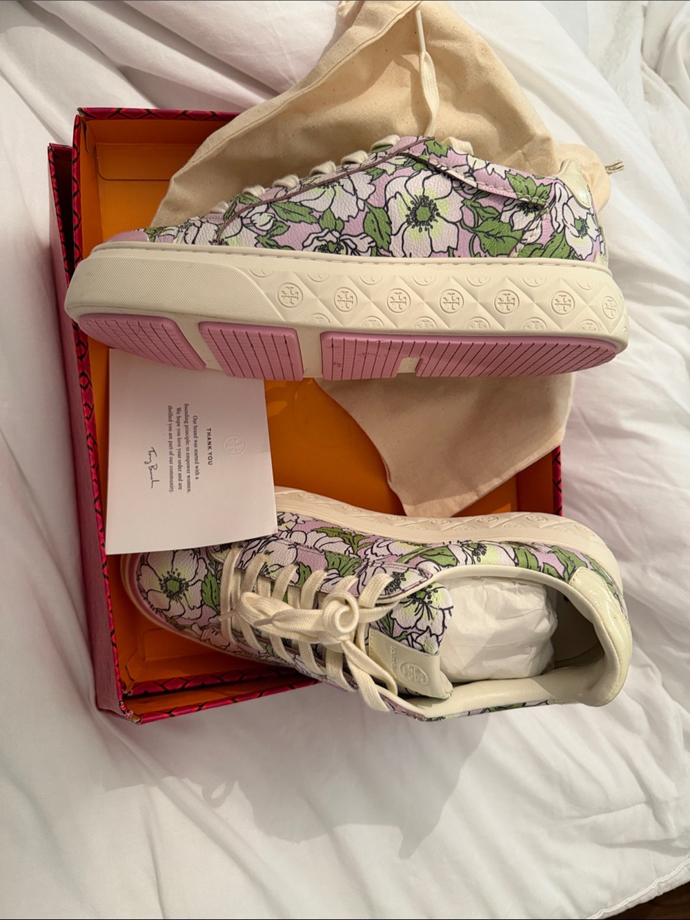 Tory Burch Lavender and Green Floral Canvas Low-Top Sneakers with Cream Soles